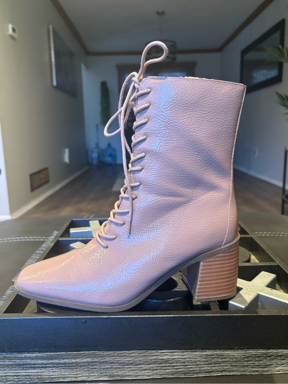 Lace-Up Mid Heel Ankle Boots in Dusty Pink